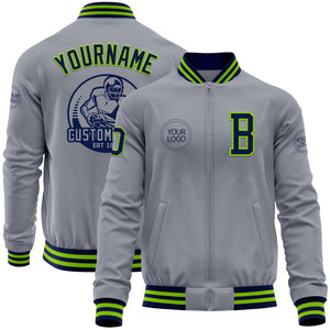 Custom Gray Navy-Neon Green Bomber Varsity Letterman Zipper Jacket