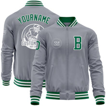 Load image into Gallery viewer, Custom Gray Kelly Green-White Bomber Varsity Letterman Zipper Jacket
