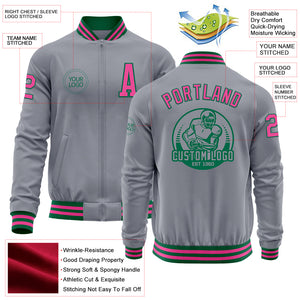 Custom Gray Pink-Kelly Green Bomber Varsity Letterman Zipper Jacket