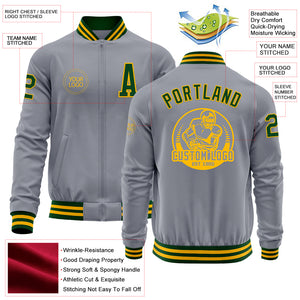 Custom Gray Green-Gold Bomber Varsity Letterman Zipper Jacket