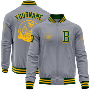 Custom Gray Green-Gold Bomber Varsity Letterman Zipper Jacket