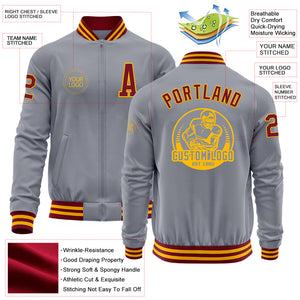 Custom Gray Crimson-Gold Bomber Varsity Letterman Zipper Jacket