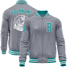 Load image into Gallery viewer, Custom Gray Teal-White Bomber Varsity Letterman Zipper Jacket
