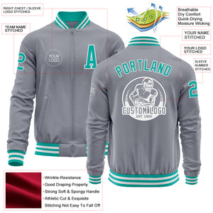 Custom Gray Aqua-White Bomber Varsity Letterman Zipper Jacket