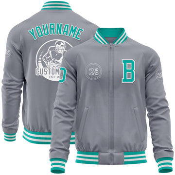 Custom Gray Aqua-White Bomber Varsity Letterman Zipper Jacket