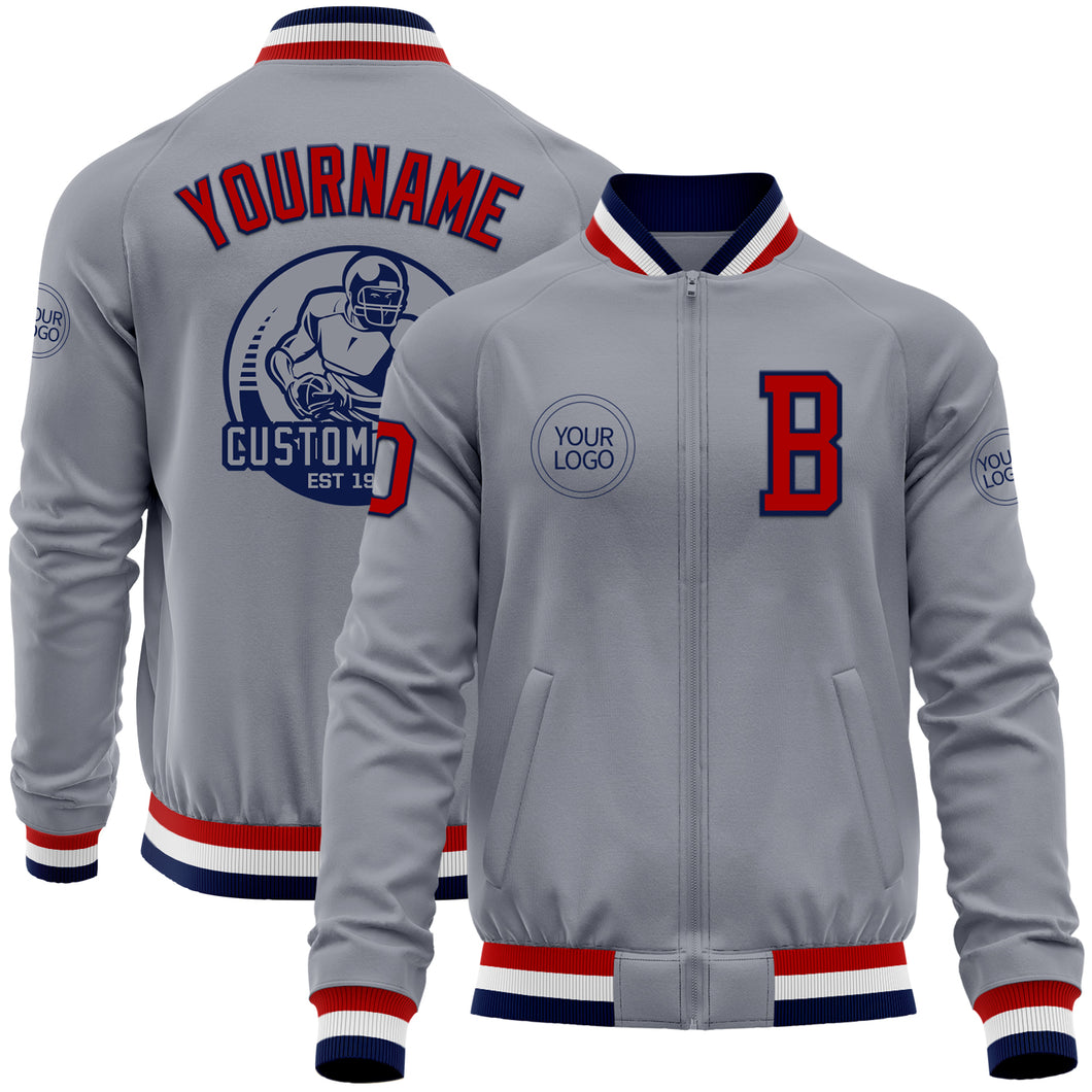 Custom Gray Red-Navy Bomber Varsity Letterman Zipper Jacket