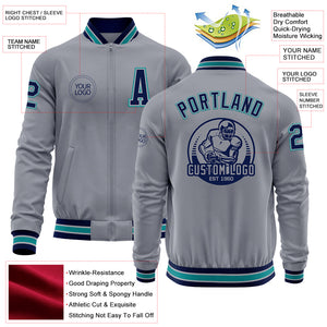 Custom Gray Navy-Teal Bomber Varsity Letterman Zipper Jacket