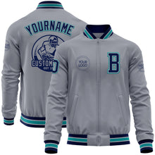 Load image into Gallery viewer, Custom Gray Navy-Teal Bomber Varsity Letterman Zipper Jacket
