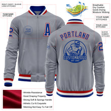 Load image into Gallery viewer, Custom Gray Royal-Red Bomber Varsity Letterman Zipper Jacket
