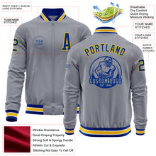 Load image into Gallery viewer, Custom Gray Royal-Yellow Bomber Varsity Letterman Zipper Jacket
