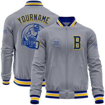 Custom Gray Royal-Yellow Bomber Varsity Letterman Zipper Jacket