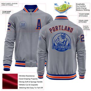 Custom Gray Royal-Orange Bomber Varsity Letterman Zipper Jacket