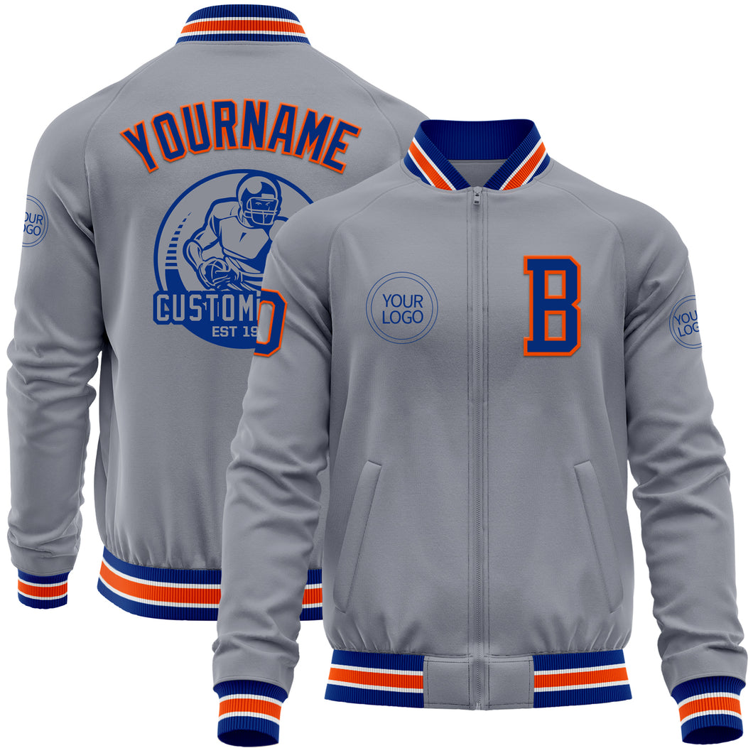 Custom Gray Royal-Orange Bomber Varsity Letterman Zipper Jacket