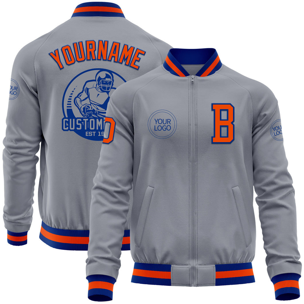 Custom Gray Orange-Royal Bomber Varsity Letterman Zipper Jacket