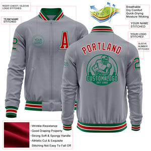 Custom Gray Kelly Green-Red Bomber Varsity Letterman Zipper Jacket