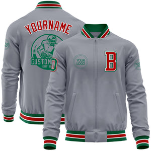 Custom Gray Kelly Green-Red Bomber Varsity Letterman Zipper Jacket