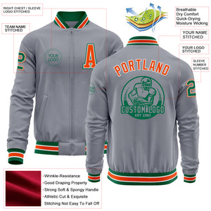 Custom Gray Kelly Green-Orange Bomber Varsity Letterman Zipper Jacket