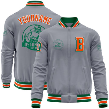 Custom Gray Kelly Green-Orange Bomber Varsity Letterman Zipper Jacket