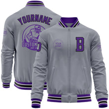 Load image into Gallery viewer, Custom Gray Purple-Black Bomber Varsity Letterman Zipper Jacket
