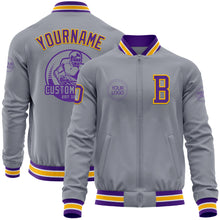 Load image into Gallery viewer, Custom Gray Purple-Gold Bomber Varsity Letterman Zipper Jacket
