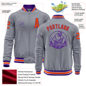 Custom Gray Orange-Purple Bomber Varsity Letterman Zipper Jacket