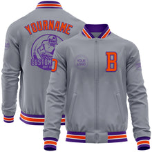 Load image into Gallery viewer, Custom Gray Orange-Purple Bomber Varsity Letterman Zipper Jacket
