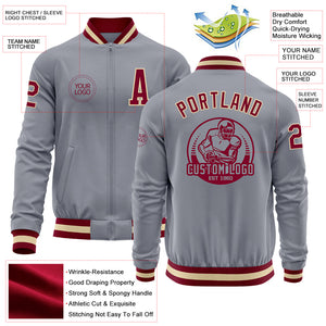 Custom Gray Maroon-Cream Bomber Varsity Letterman Zipper Jacket