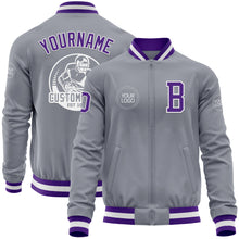 Load image into Gallery viewer, Custom Gray Purple-White Bomber Varsity Letterman Zipper Jacket
