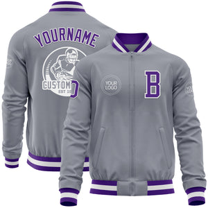 Custom Gray Purple-White Bomber Varsity Letterman Zipper Jacket