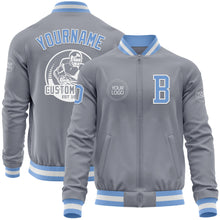 Load image into Gallery viewer, Custom Gray Light Blue-White Bomber Varsity Letterman Zipper Jacket
