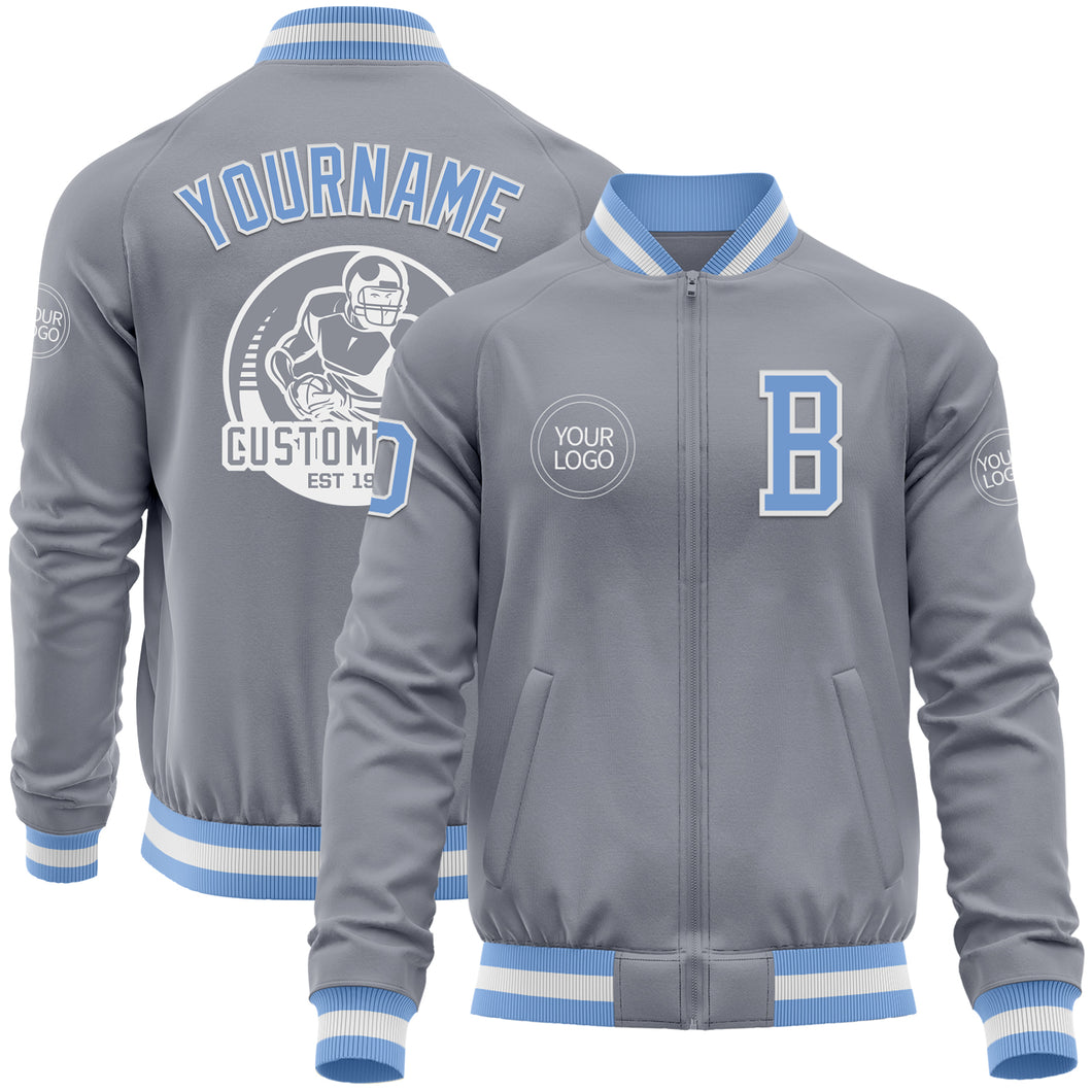 Custom Gray Light Blue-White Bomber Varsity Letterman Zipper Jacket