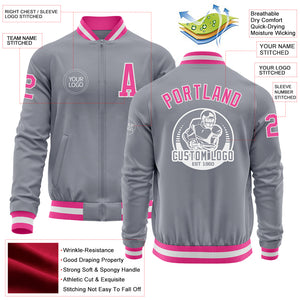 Custom Gray Pink-White Bomber Varsity Letterman Zipper Jacket