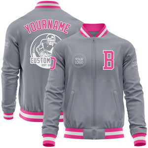 Custom Gray Pink-White Bomber Varsity Letterman Zipper Jacket