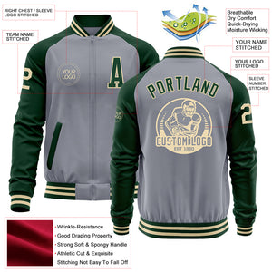 Custom Gray Cream-Green Bomber Varsity Letterman Two Tone Zipper Jacket