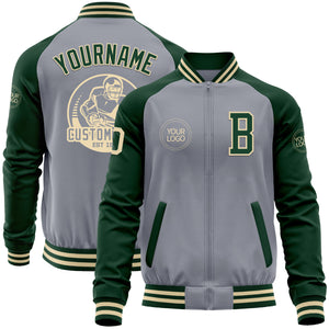 Custom Gray Cream-Green Bomber Varsity Letterman Two Tone Zipper Jacket