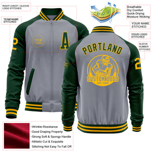 Custom Gray Gold-Green Bomber Varsity Letterman Two Tone Zipper Jacket