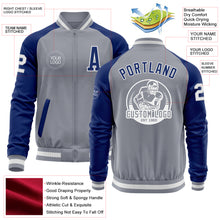 Load image into Gallery viewer, Custom Gray White-Royal Bomber Varsity Letterman Two Tone Zipper Jacket
