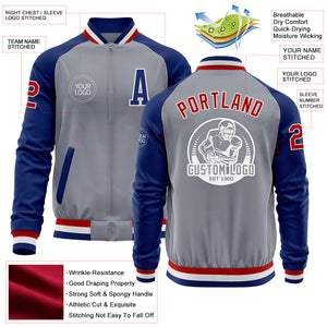 Custom Gray Red-Royal Bomber Varsity Letterman Two Tone Zipper Jacket