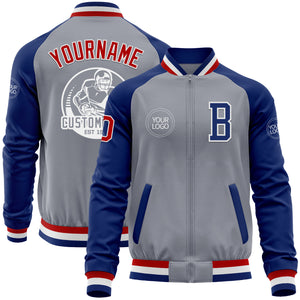 Custom Gray Red-Royal Bomber Varsity Letterman Two Tone Zipper Jacket