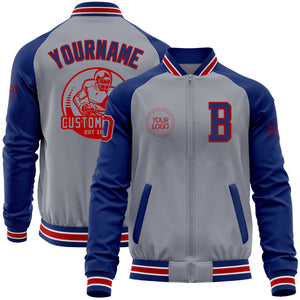 Custom Gray Red-Royal Bomber Varsity Letterman Two Tone Zipper Jacket