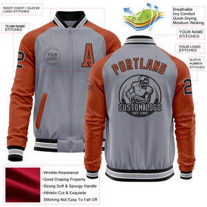 Custom Gray Black-Texas Orange Bomber Varsity Letterman Two Tone Zipper Jacket