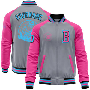 Custom Gray Sky Blue Black-Pink Bomber Varsity Letterman Two Tone Zipper Jacket