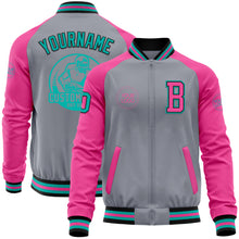 Load image into Gallery viewer, Custom Gray Aqua Black-Pink Bomber Varsity Letterman Two Tone Zipper Jacket
