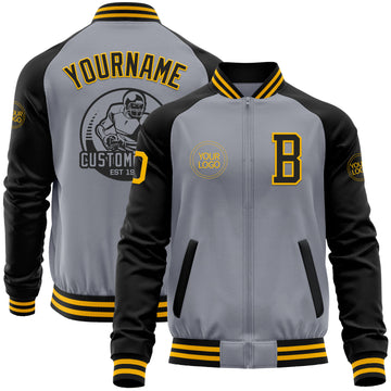 Custom Gray Gold-Black Bomber Varsity Letterman Two Tone Zipper Jacket