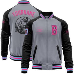 Custom Gray Light Blue Black-Pink Bomber Varsity Letterman Two Tone Zipper Jacket