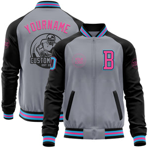 Custom Gray Sky Blue Black-Pink Bomber Varsity Letterman Two Tone Zipper Jacket