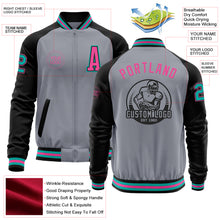 Load image into Gallery viewer, Custom Gray Aqua Black-Pink Bomber Varsity Letterman Two Tone Zipper Jacket
