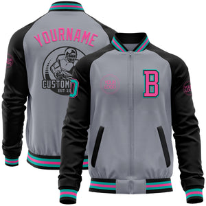 Custom Gray Aqua Black-Pink Bomber Varsity Letterman Two Tone Zipper Jacket