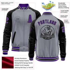 Custom Gray Purple-Black Bomber Varsity Letterman Two Tone Zipper Jacket