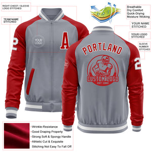 Custom Gray White-Red Bomber Varsity Letterman Two Tone Zipper Jacket